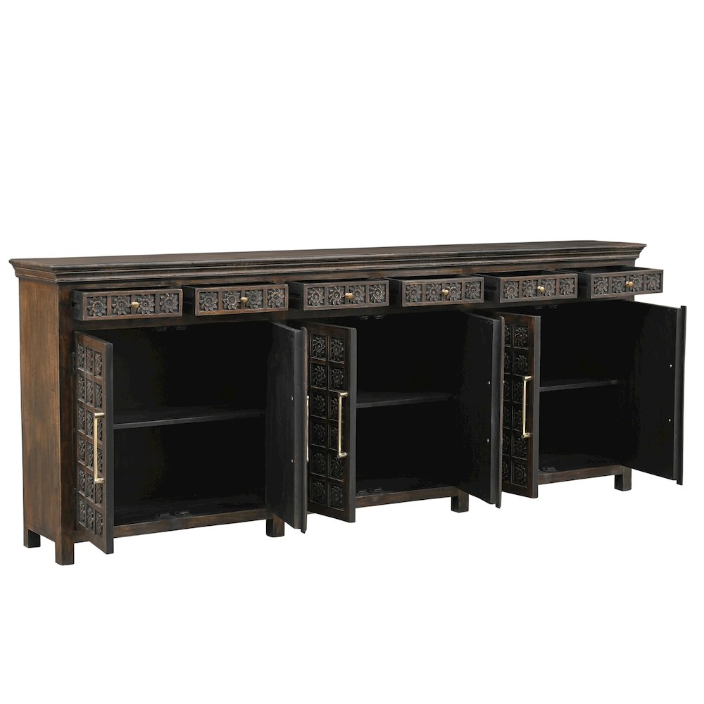 Grayson 6-drawer 6-door Carved Solid Wood Sideboard, Brown. Picture 4