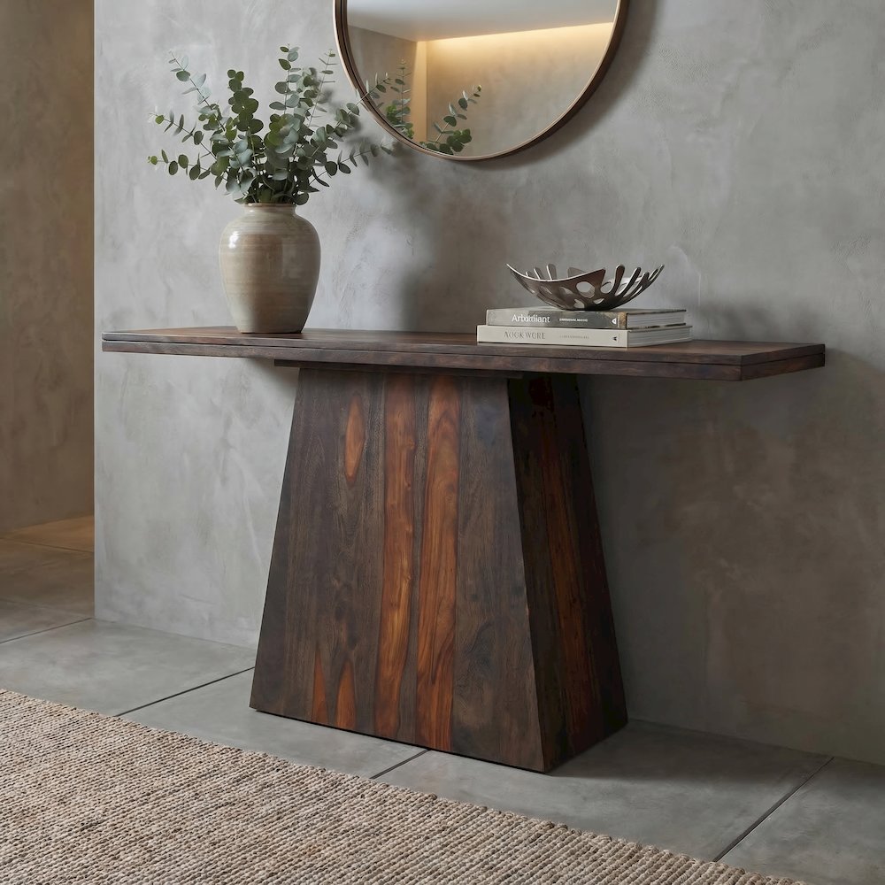 Marin Solid Wood Rectangular Console Table with Pedestal Base, Brown Finish. Picture 6