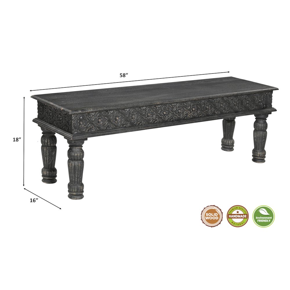 Eldris 58" Carved Solid Wood Dining Bench. Picture 5