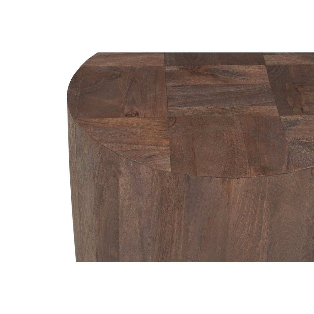Round Solid Mango Wood End Table with Dark Brown Finish and Textured Grain Top. Picture 3