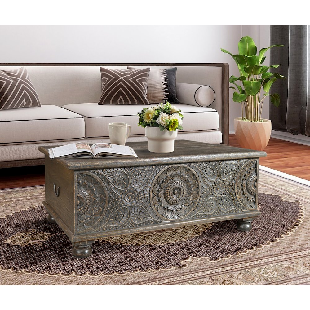 Lift-Top Coffee Table with Hidden Storage Decorative Floral Detail. Picture 2
