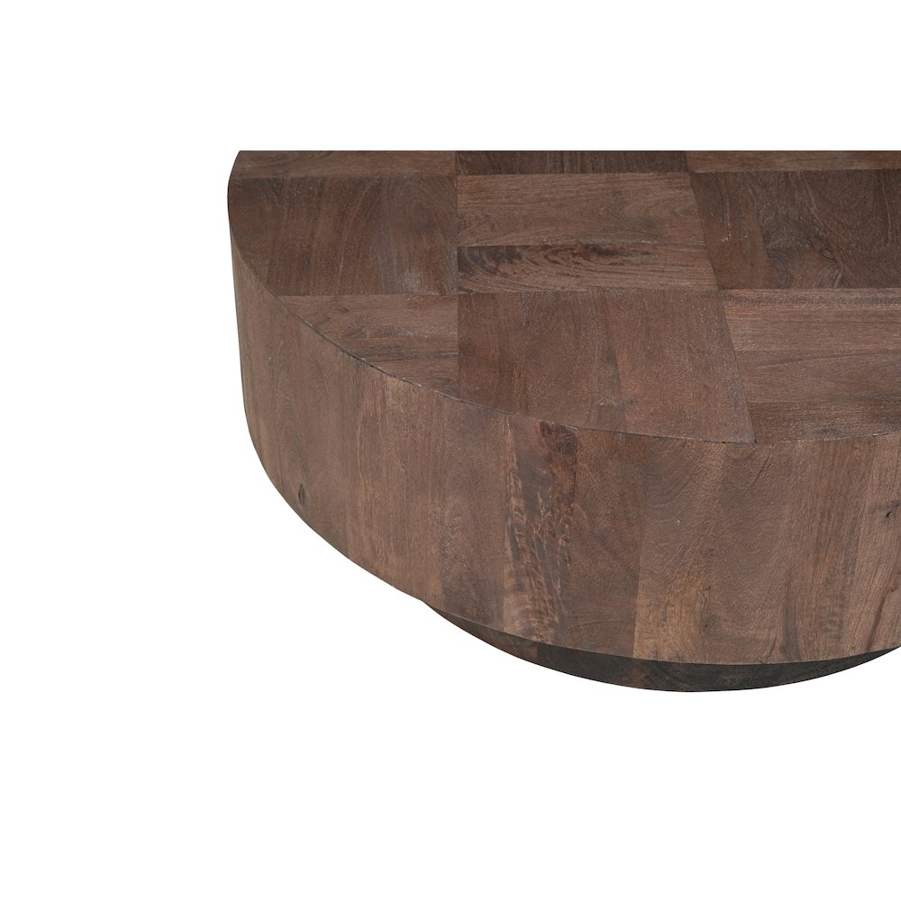 Reed Round Solid Wood Coffee Table with Brown Finish and Sculpted Base. Picture 3