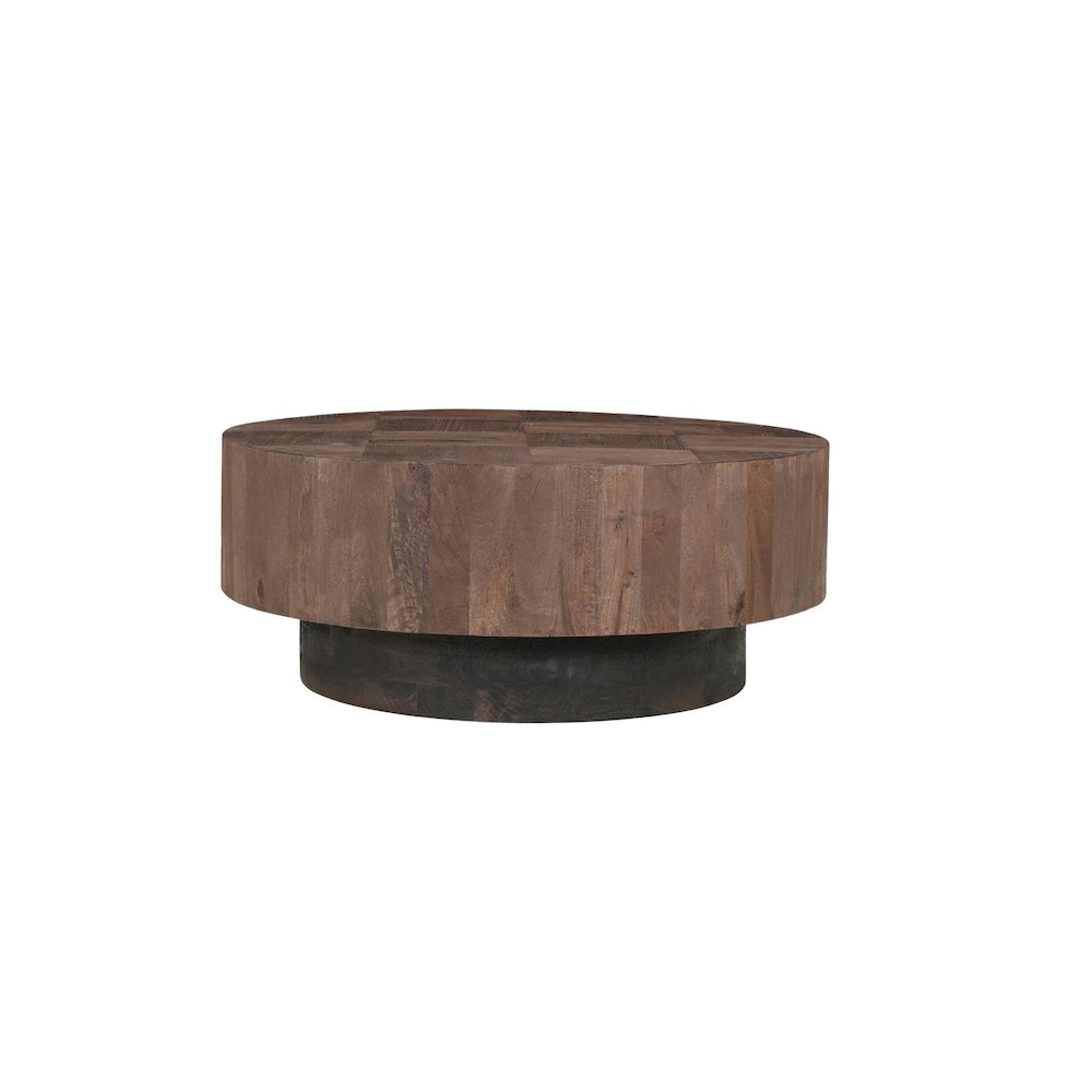 Reed Round Solid Wood Coffee Table with Brown Finish and Sculpted Base. Picture 2