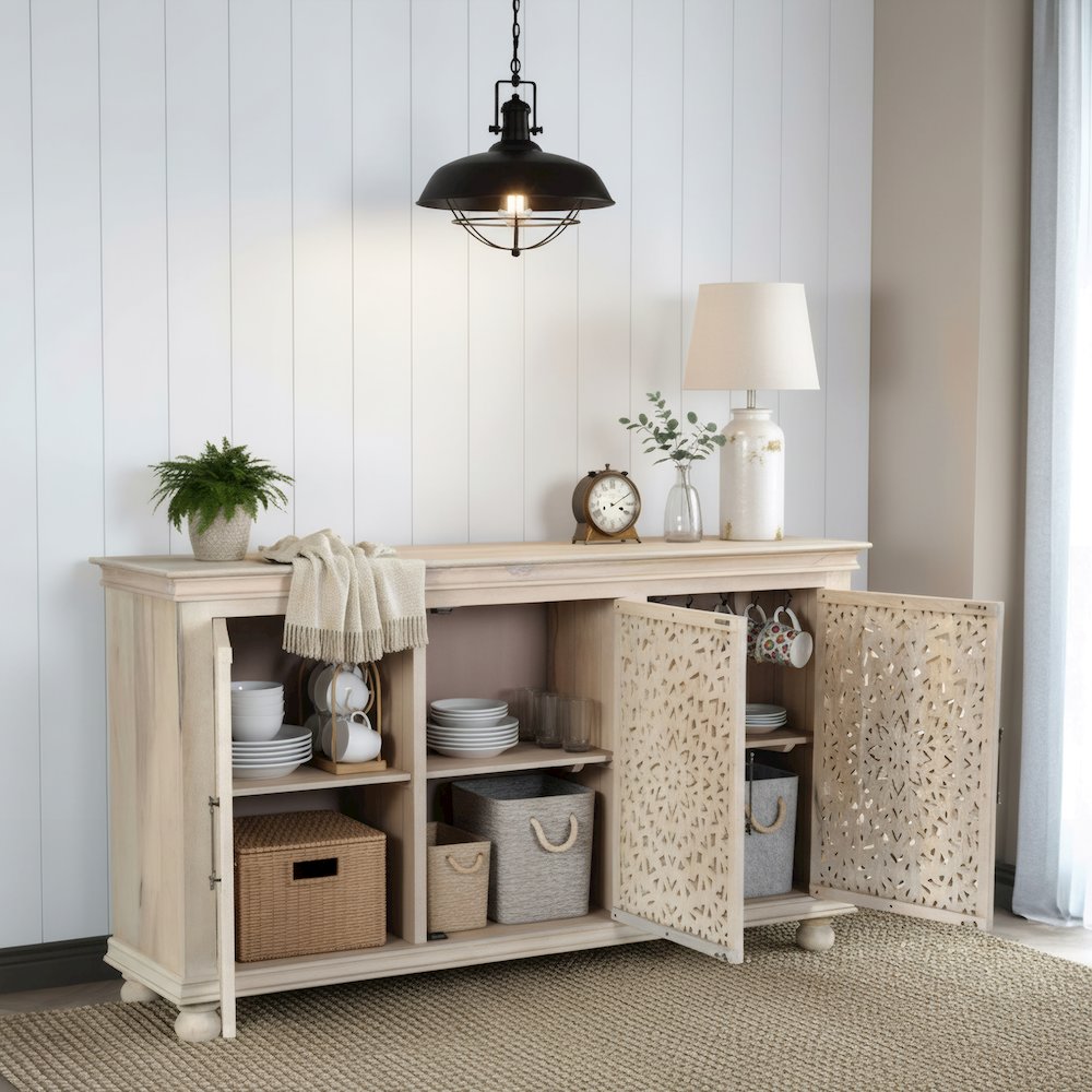 Calista 3-door Floral Carved Solid Wood Sideboard. Picture 10