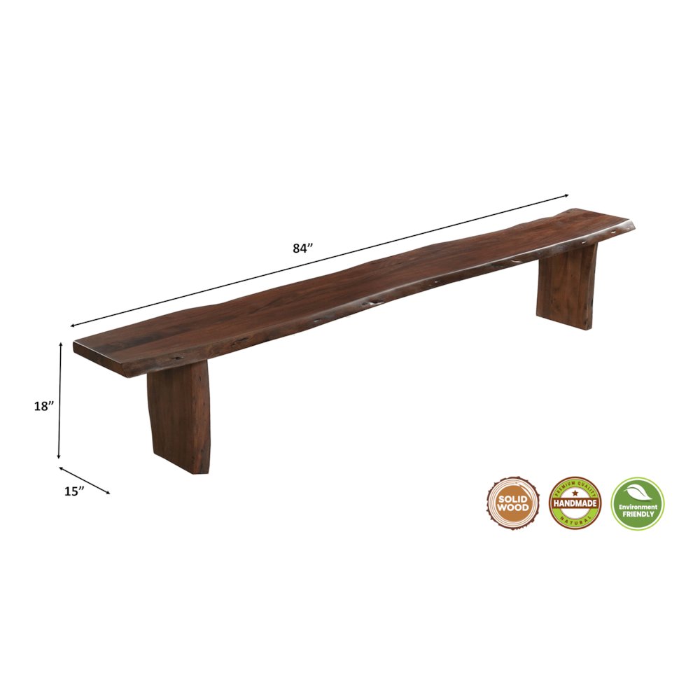 Savoy Solid Wood Dining Bench with Live Edge Seat and Sled Base, Brown Finish. Picture 6