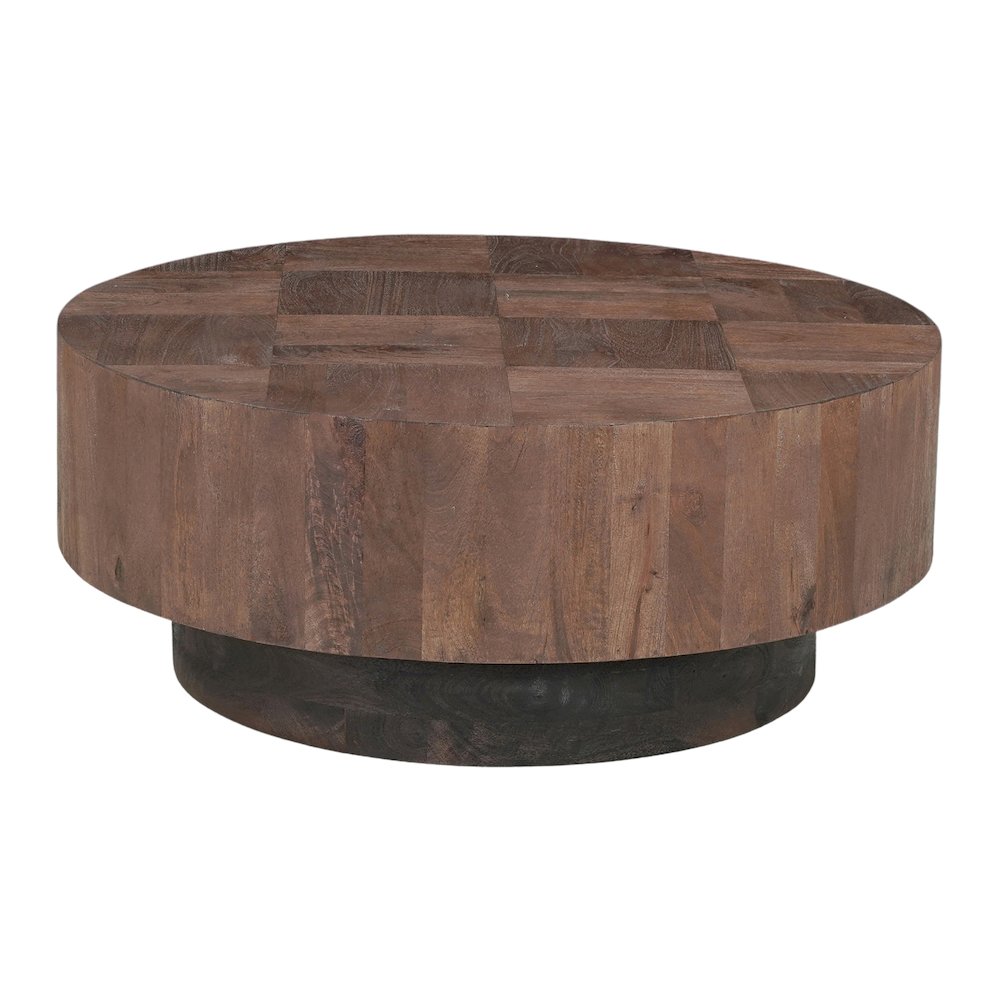Reed Round Solid Wood Coffee Table with Brown Finish and Sculpted Base. Picture 1