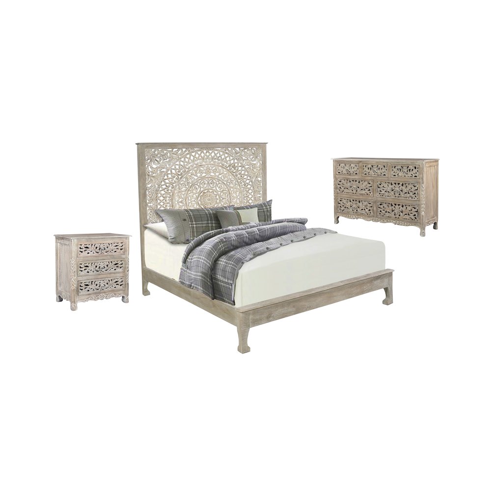 Auden 3-piece Floral Carved Solid Wood Bedroom Set. Picture 1