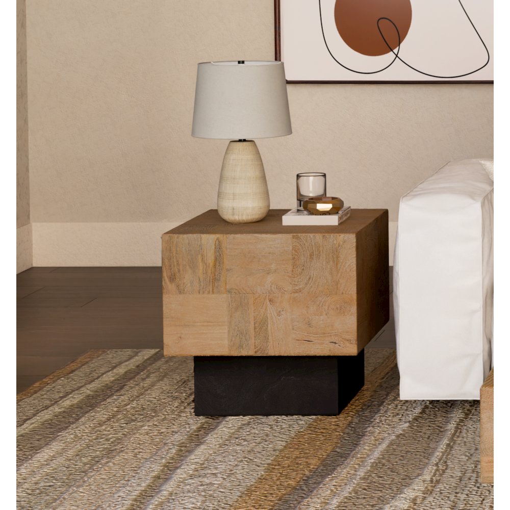 Reed Square Solid Mango Wood End Table with Brown Finish and Platform Base. Picture 6