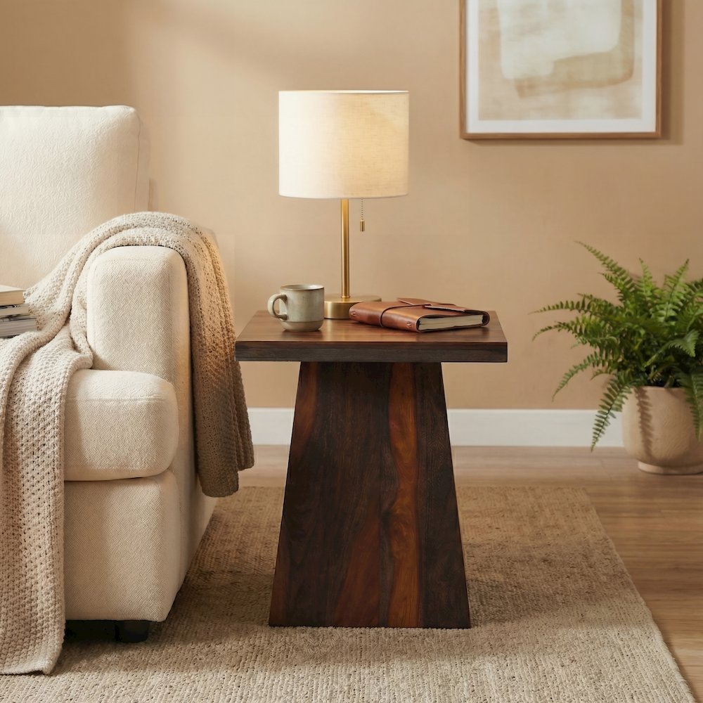 Marin Solid Wood Square End Table with Angular Pedestal Base, Brown Finish. Picture 5