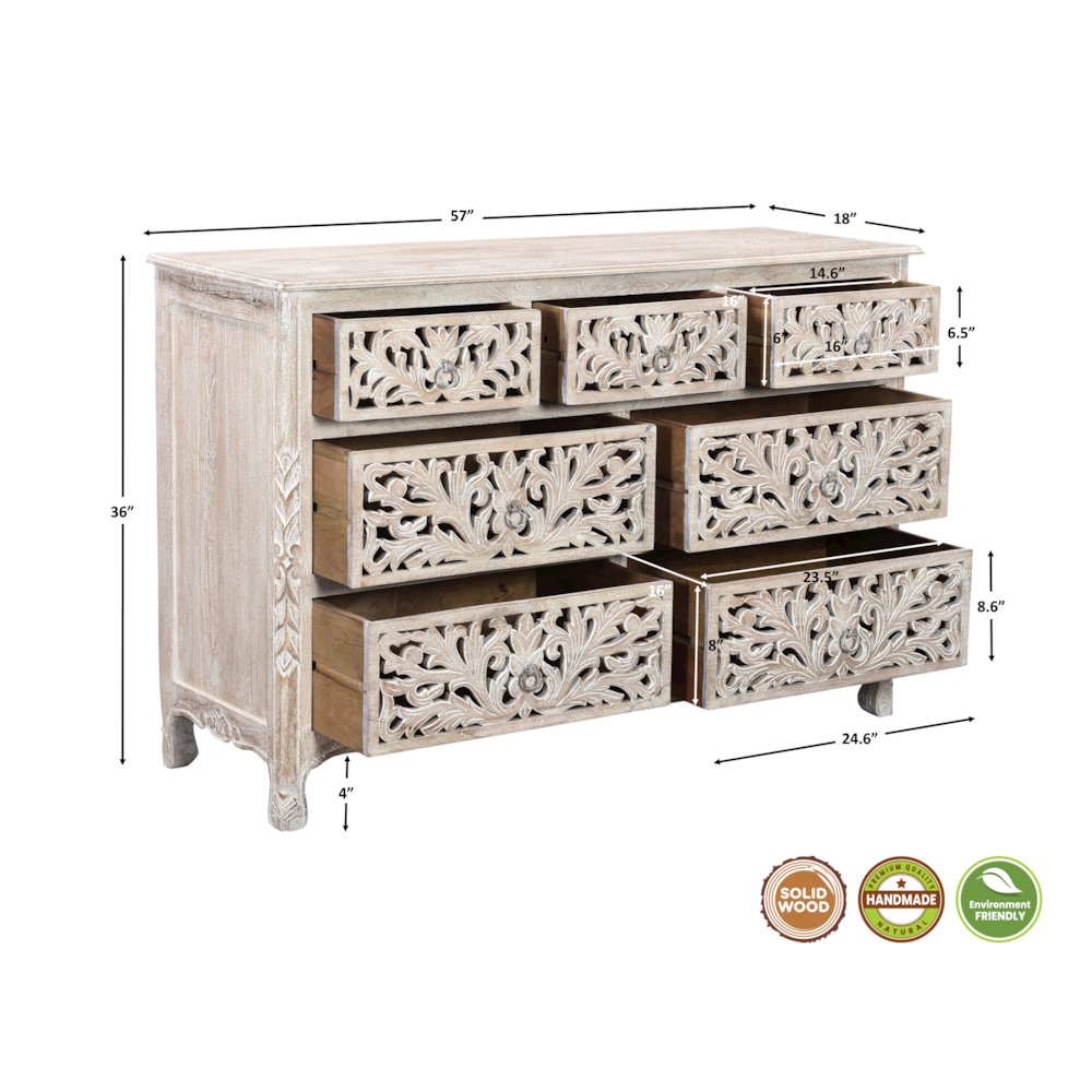 Elowen 7-drawer Floral Carved Solid Wood Dresser. Picture 7