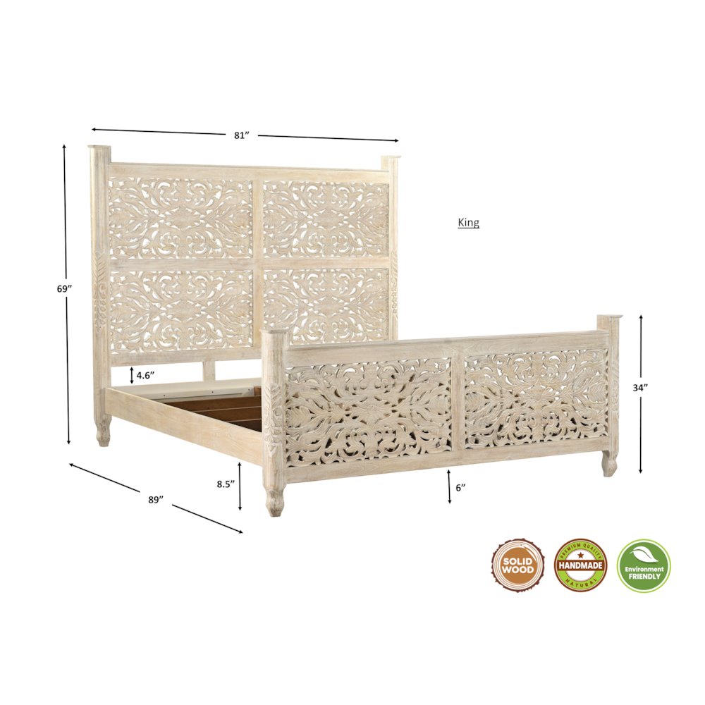 Elowen Floral Carved Solid Wood King Panel Bed. Picture 9