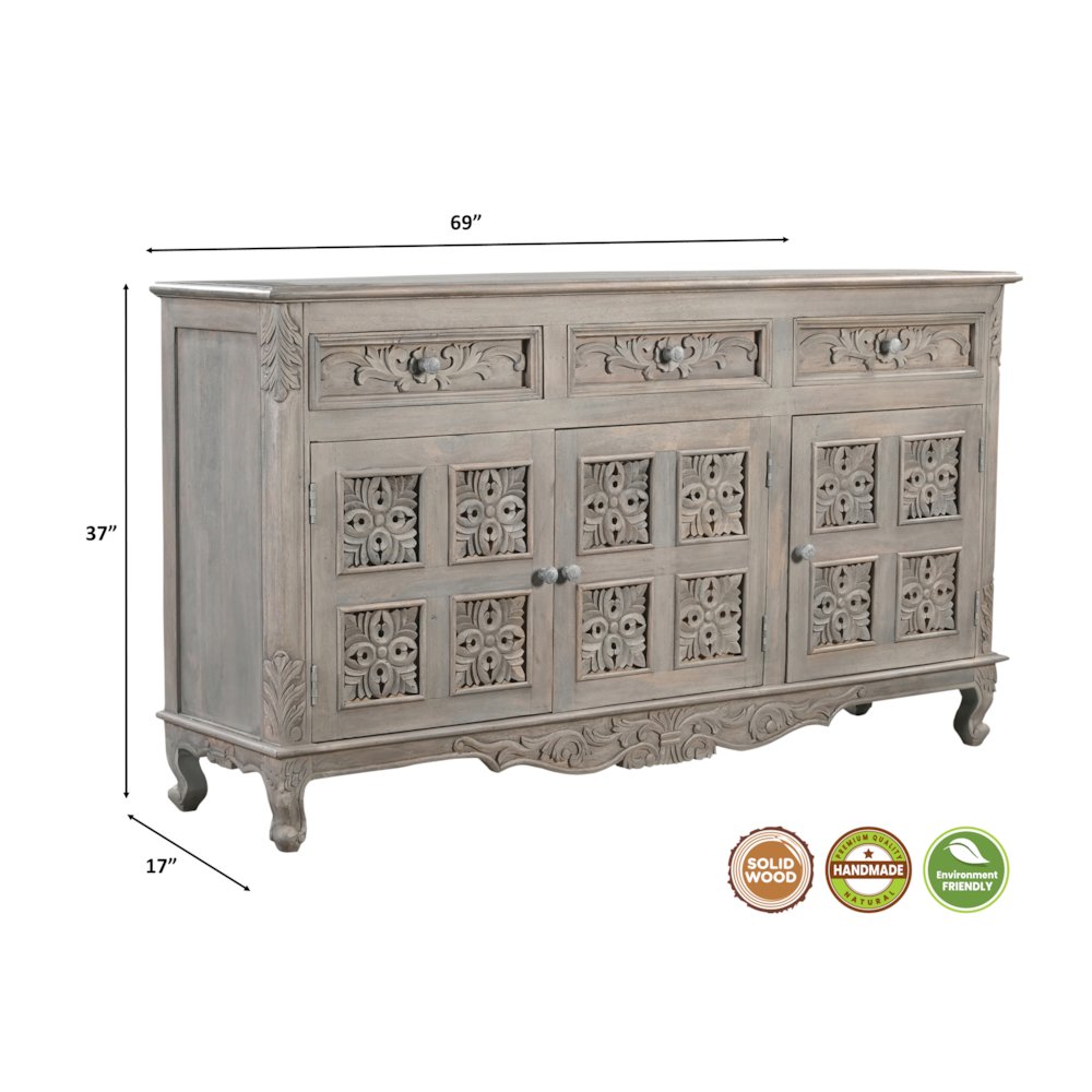 Grayson 3-drawer 3-door Carved Solid Wood Sideboard. Picture 7