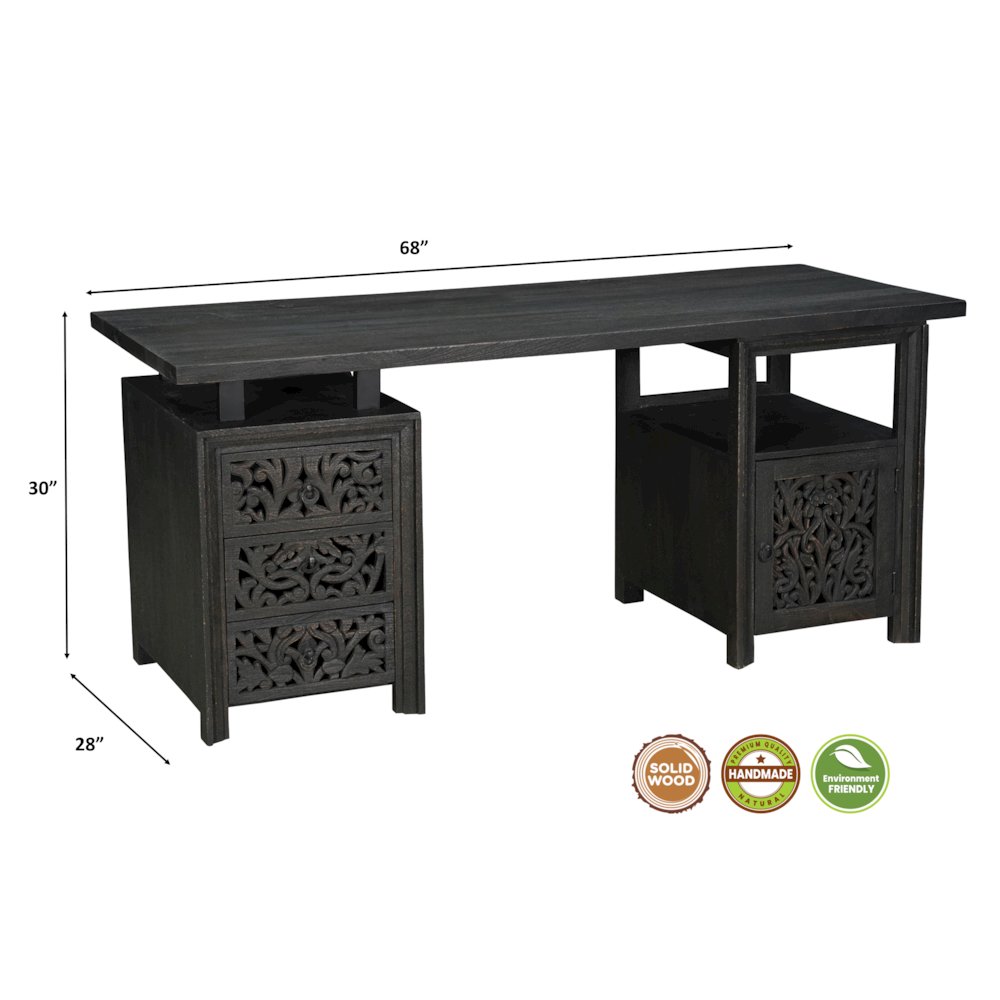 Calista 3-drawer 1-door Floral Carved Solid Wood Desk. Picture 7