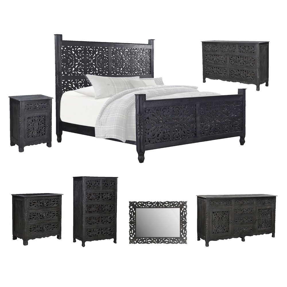 Elowen Floral Carved Solid Wood King Panel Bed. Picture 7