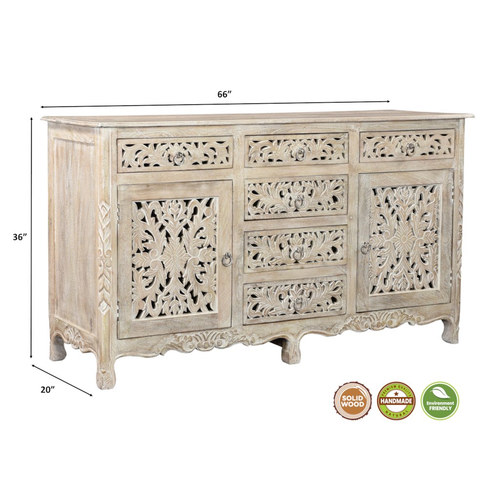 Elowen 6-drawer 2-door Floral Carved Solid Wood Sideboard. Picture 7