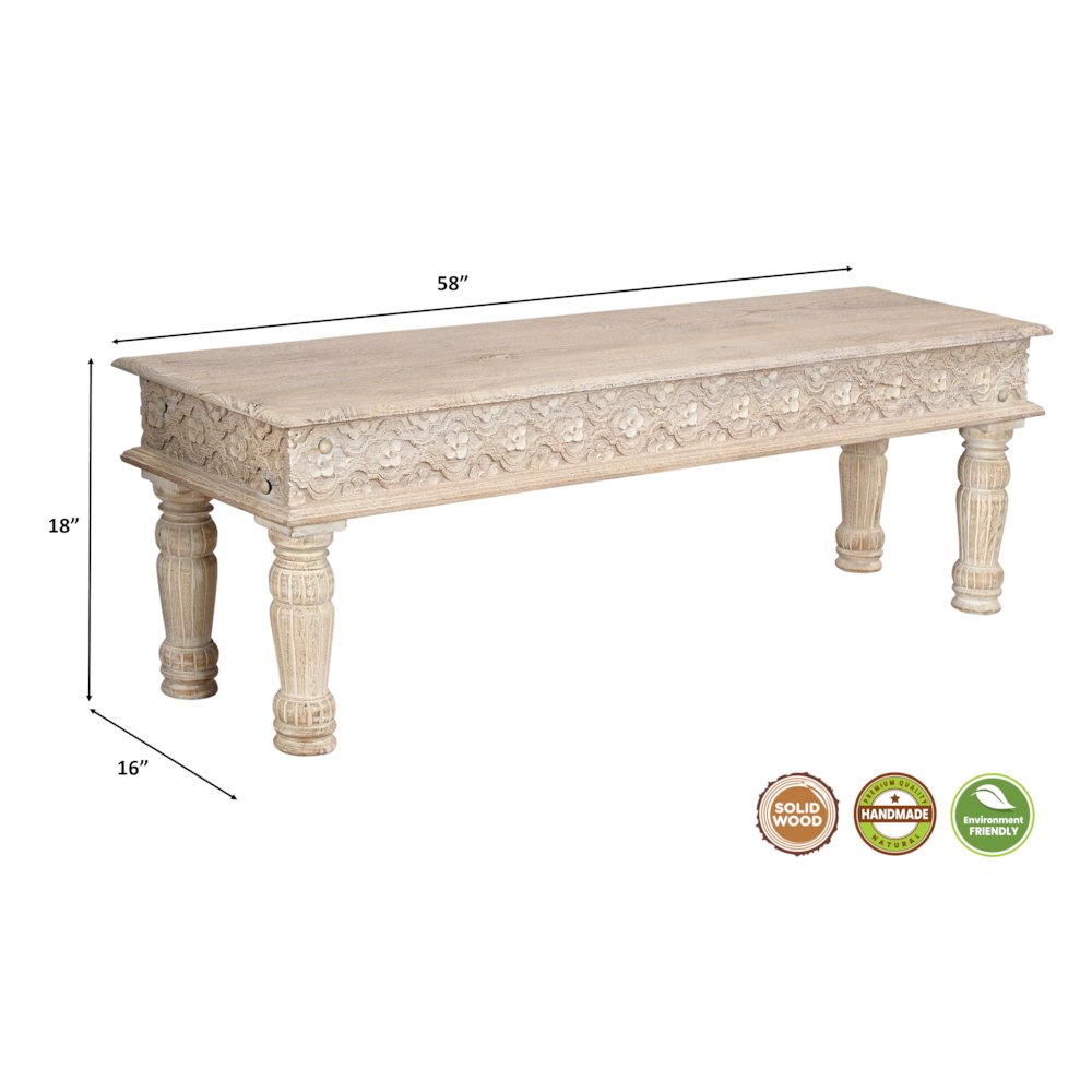 Eldris 58" Carved Solid Wood Dining Bench. Picture 6