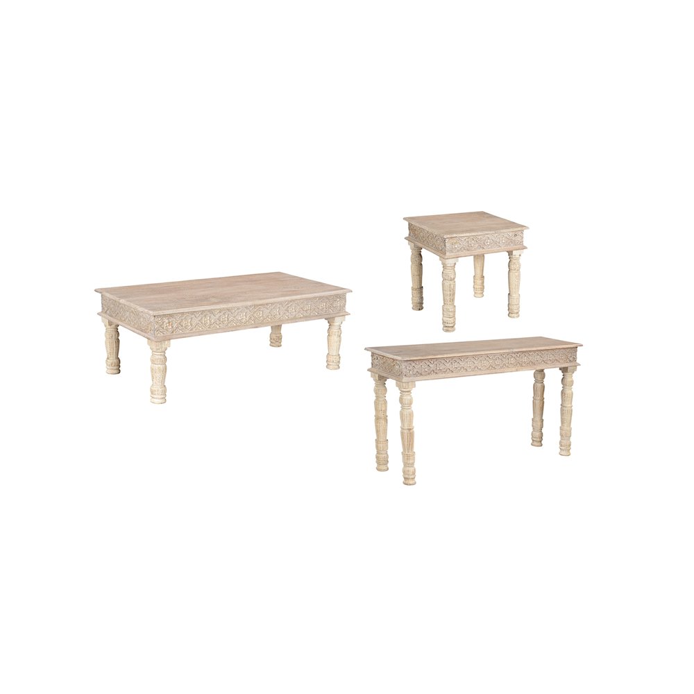 Eldris 3-piece Carved Solid Wood Living Room Table Set. Picture 1