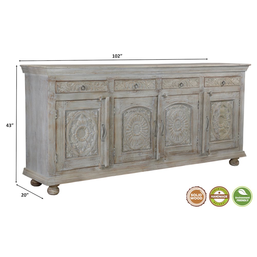 Elowen 4-drawer 4-door Floral Carved Solid Wood Sideboard. Picture 9