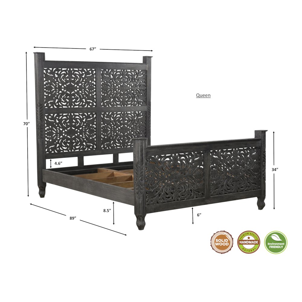 Elowen Floral Carved Solid Wood Queen Panel Bed. Picture 10