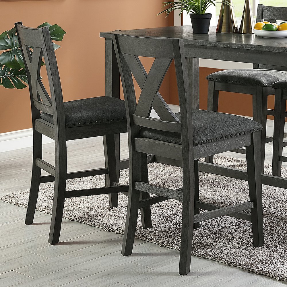 Linen-Fabric and Wood Counter Hight Chairs With X-Cross Back, Dark Grey. Picture 2