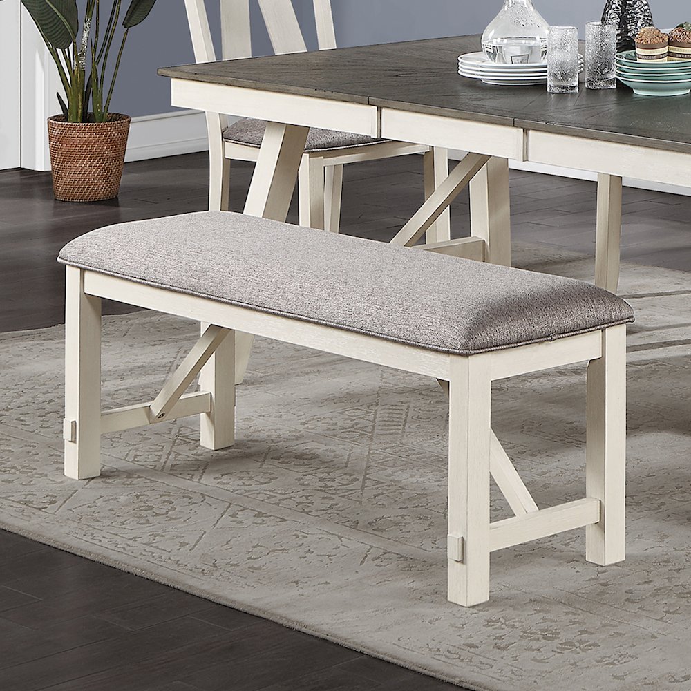 Upholstered Cushion Dining Bench in Grey and White. Picture 2