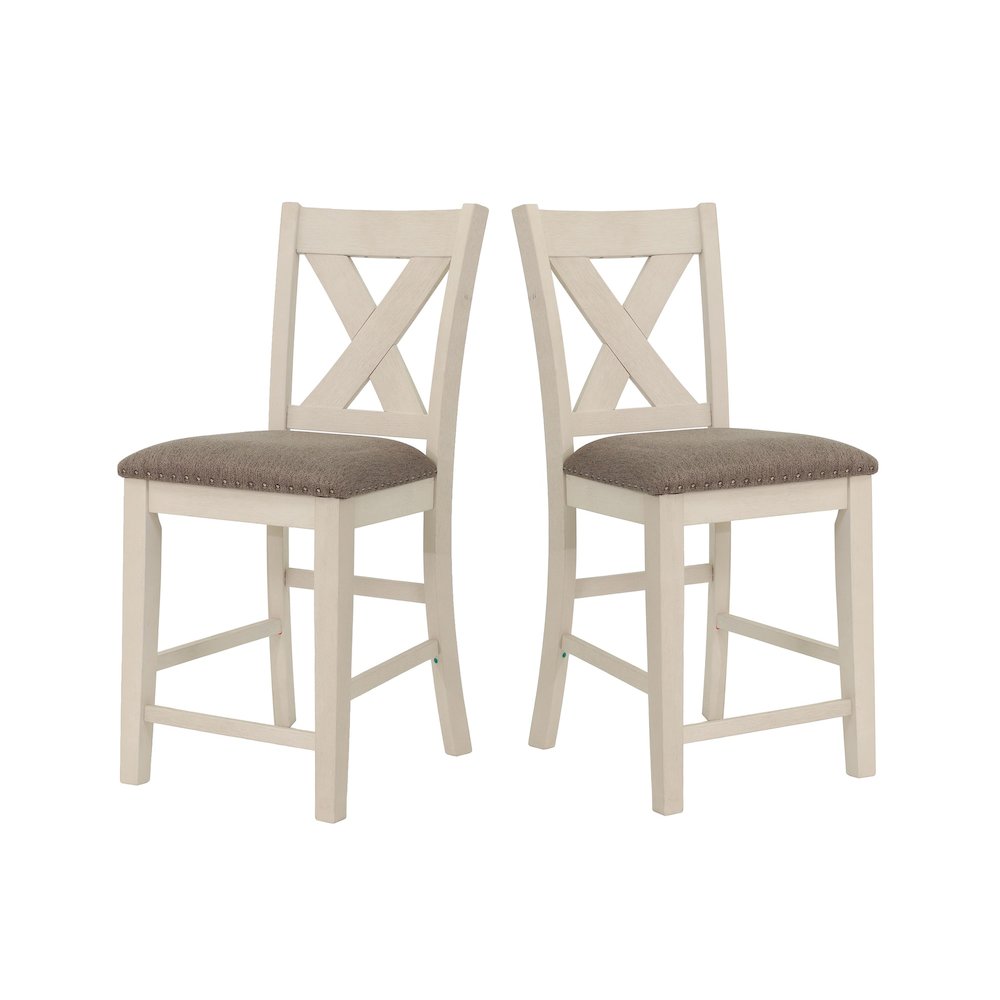 Set of 2 Counter Hight Chairs with X-Cross Back in White and Grey. Picture 1