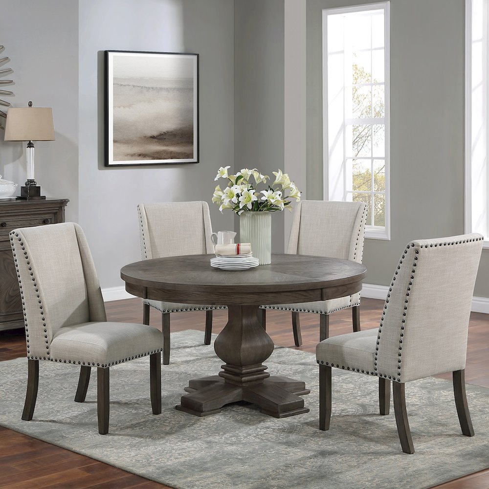 Round Wooden Dining Table with Pedestal Base in Oak. Picture 5