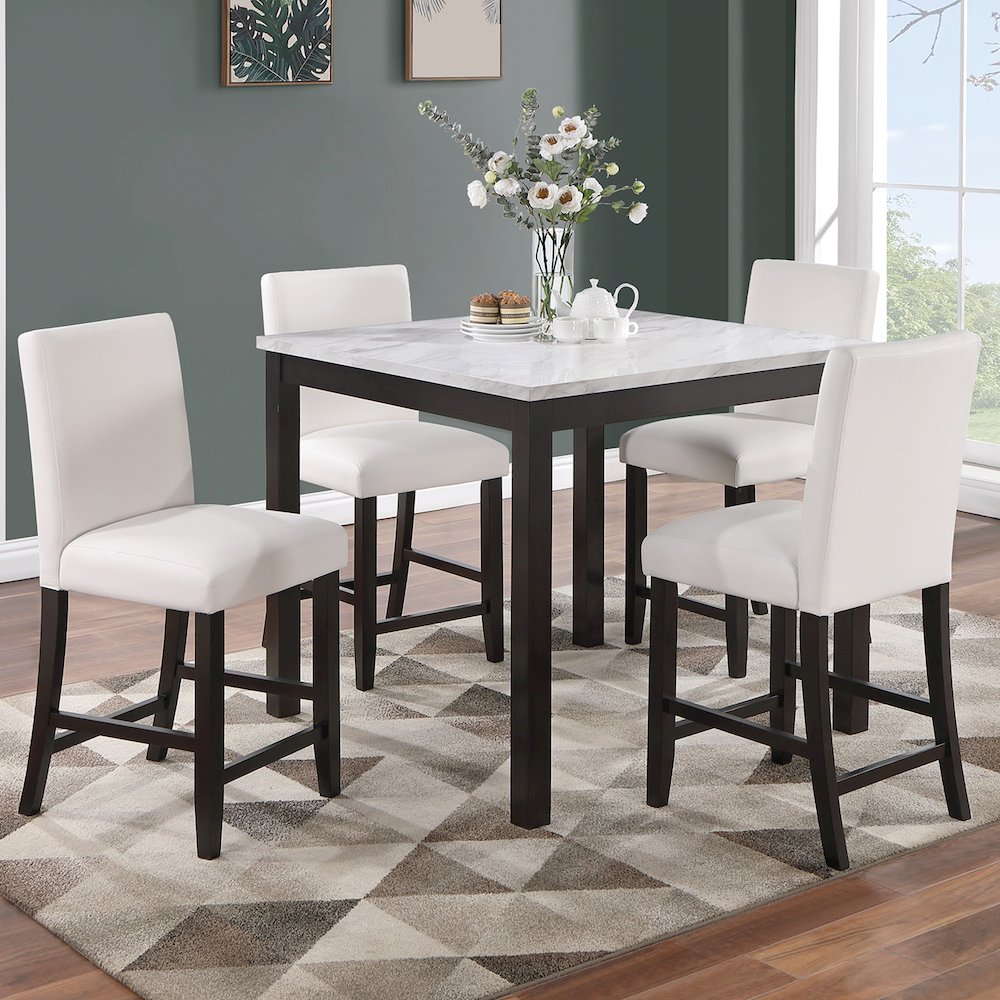 5 Piece Faux Marble Top Counter Height Dining Set with Faux Leather Upholstered. Picture 2