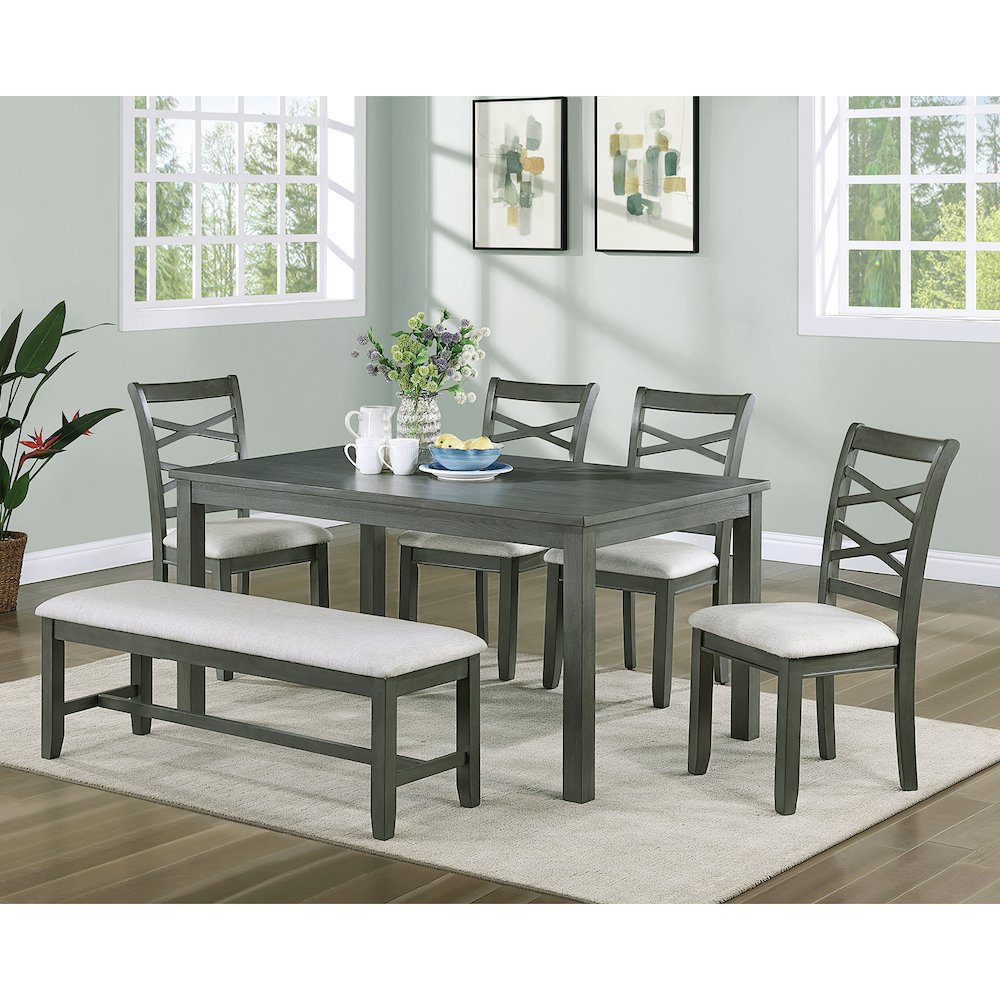 6 Piece Fabric and Wood Dining Set with Bench in Grey. Picture 2