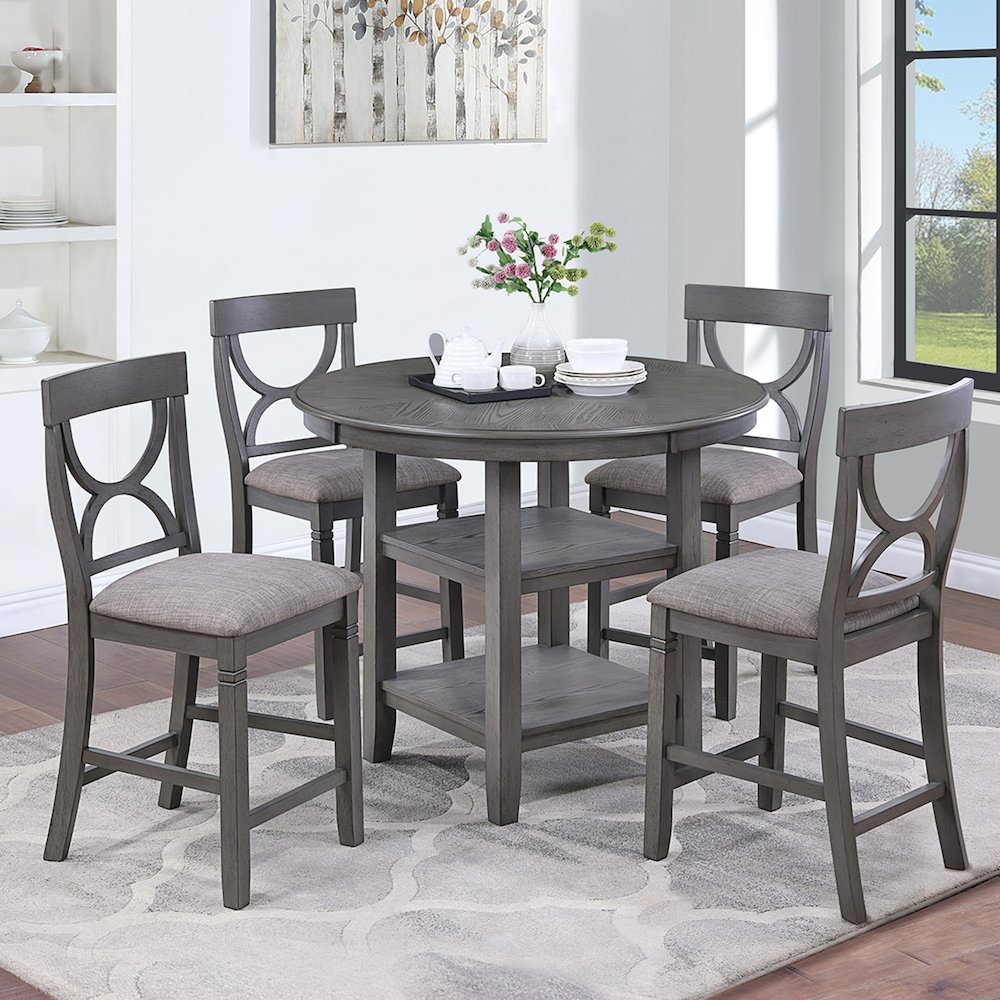 5 Piece Counter Height Dining Set with 2 Open Shelves in Grey. Picture 2