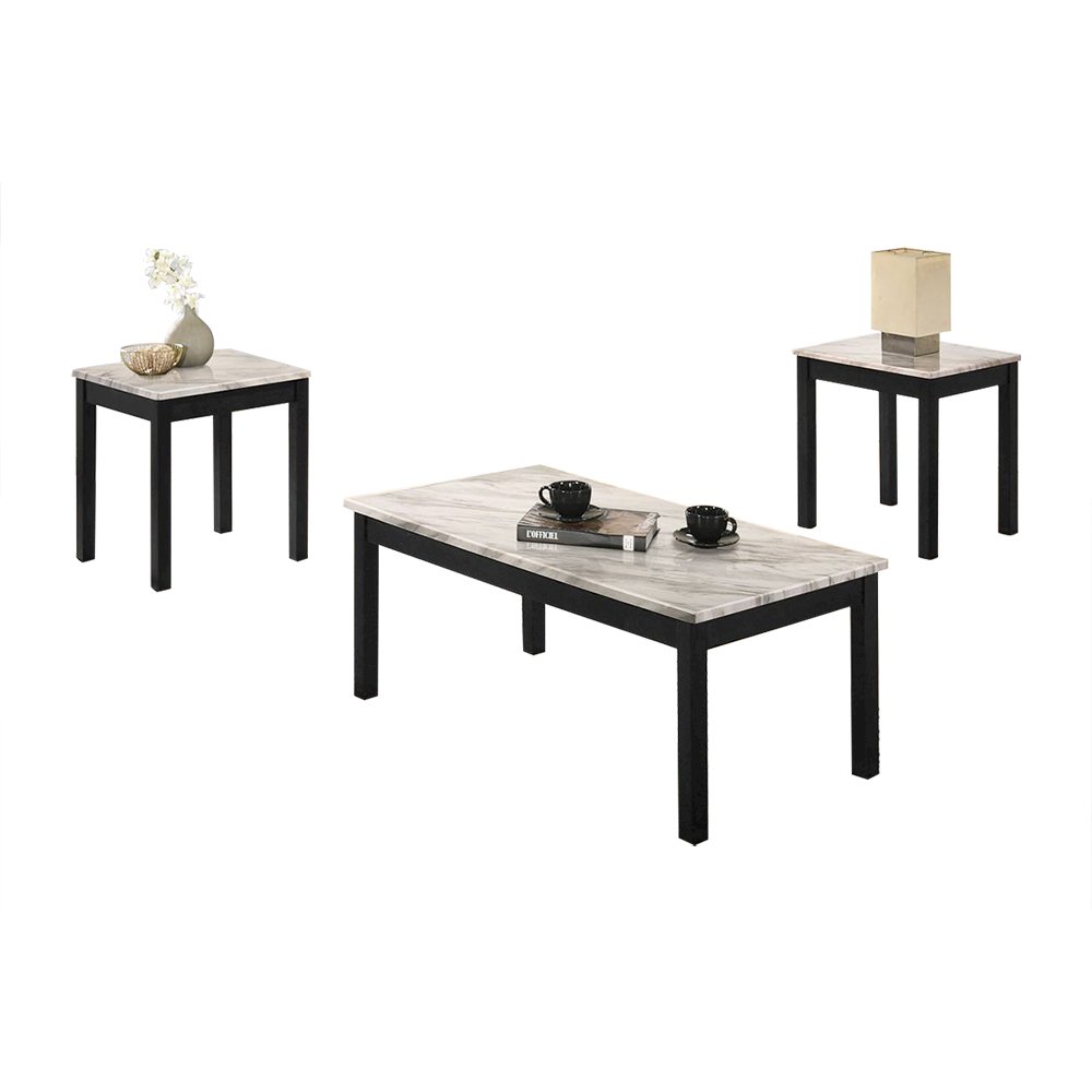 3 Piece Coffee Table with Faux Marble Top in White. Picture 1