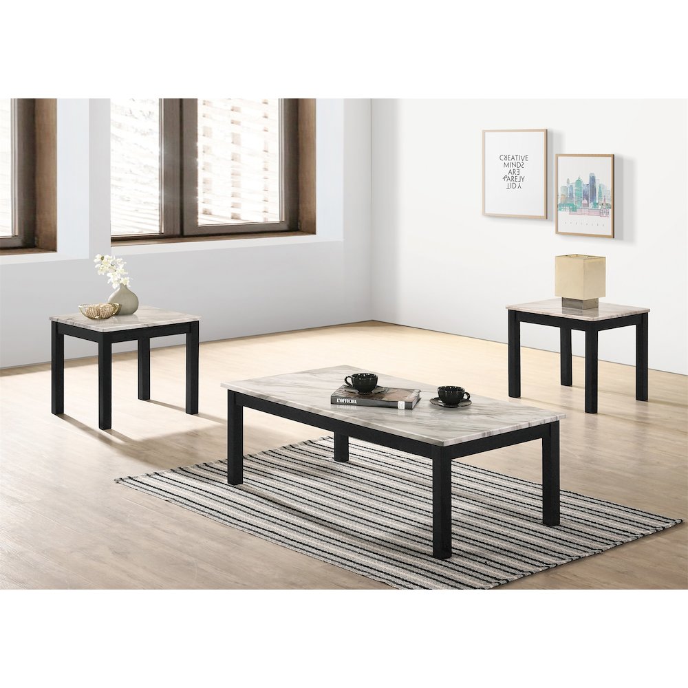 3 Piece Coffee Table with Faux Marble Top in White. Picture 2