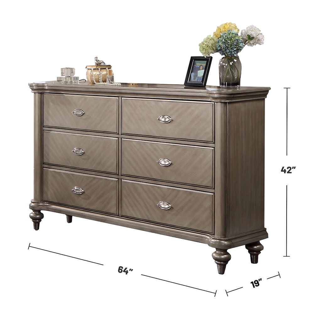 6 Drawer Dresser with Round Legs in Grey. Picture 3