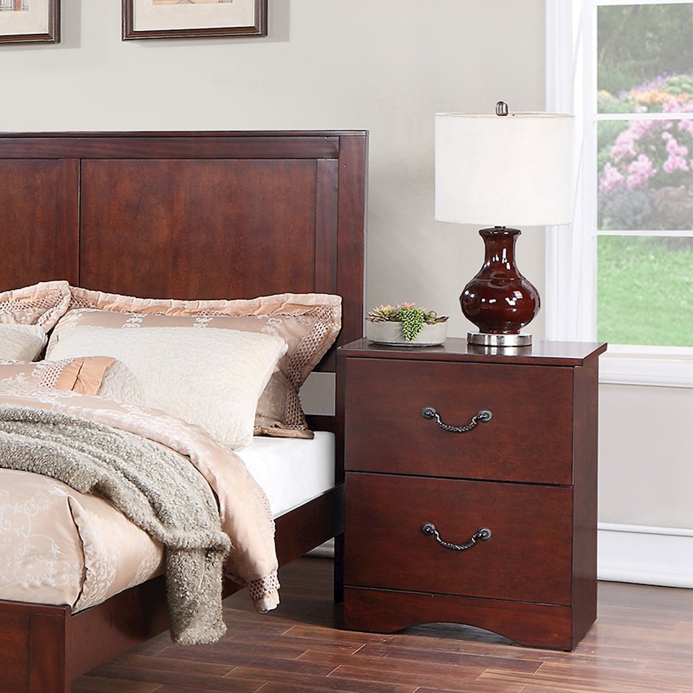 2 Drawer Nightstand with Metal Hardware in Cherry. Picture 2