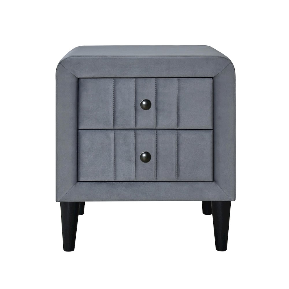 2 Drawers Velvet Upholstered Nightstand with Tapered Shape Legs in Gray. Picture 1