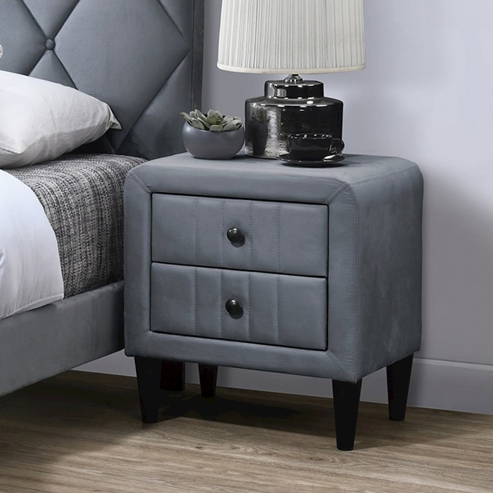 2 Drawers Velvet Upholstered Nightstand with Tapered Shape Legs in Gray. Picture 2
