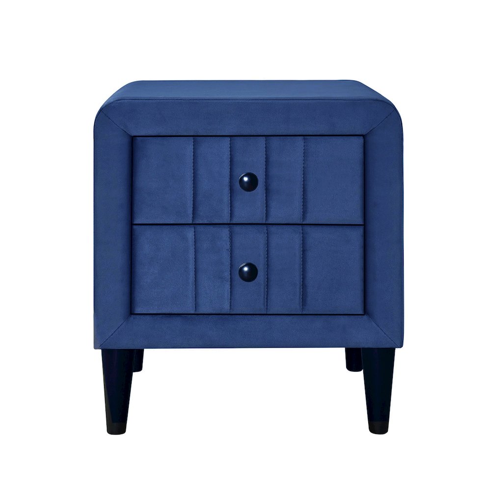 2 Drawers Velvet Upholstered Nightstand with Tapered Shape Legs in Navy Blue. Picture 1