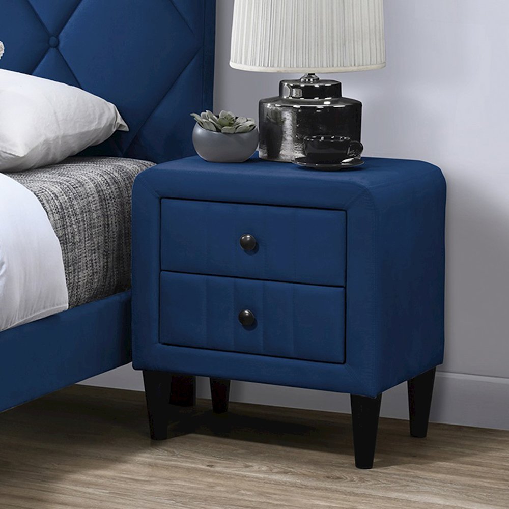 2 Drawers Velvet Upholstered Nightstand with Tapered Shape Legs in Navy Blue. Picture 2