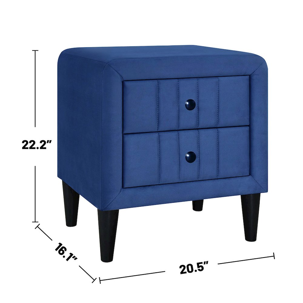 2 Drawers Velvet Upholstered Nightstand with Tapered Shape Legs in Navy Blue. Picture 3