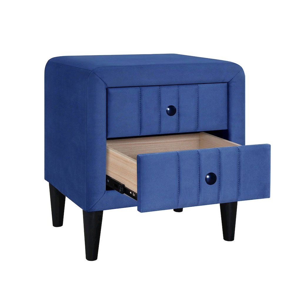 2 Drawers Velvet Upholstered Nightstand with Tapered Shape Legs in Navy Blue. Picture 4
