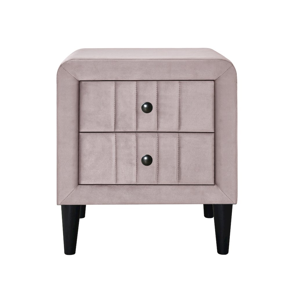 2 Drawers Velvet Upholstered Nightstand with Tapered Shape Legs in Light Pink. Picture 1