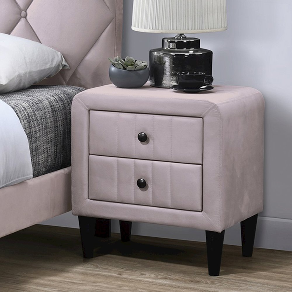 2 Drawers Velvet Upholstered Nightstand with Tapered Shape Legs in Light Pink. Picture 2