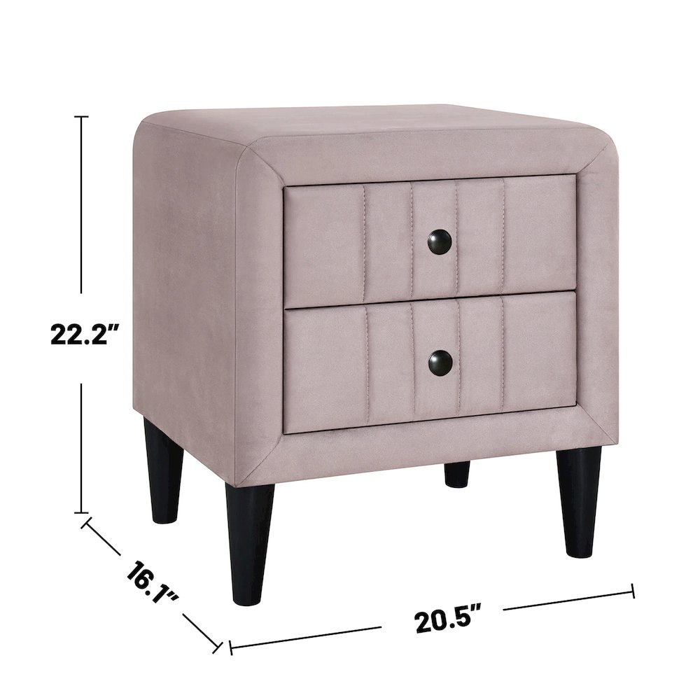 2 Drawers Velvet Upholstered Nightstand with Tapered Shape Legs in Light Pink. Picture 3