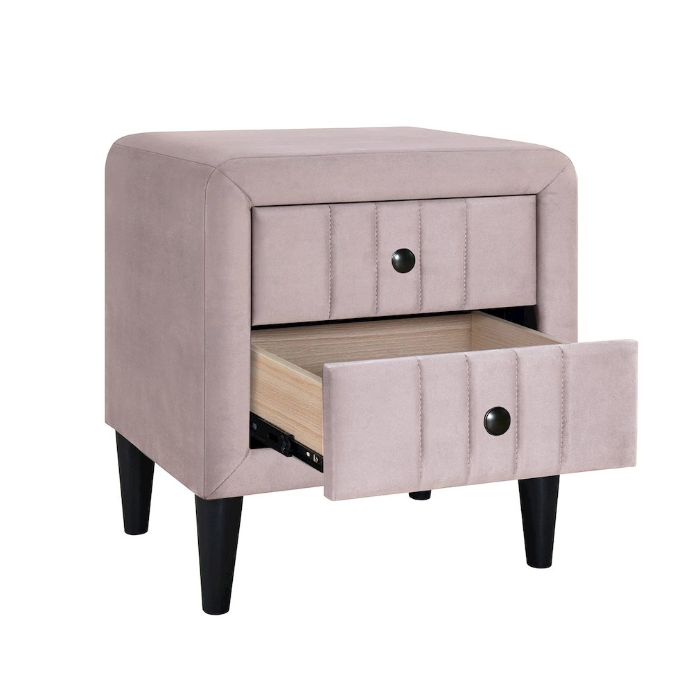 2 Drawers Velvet Upholstered Nightstand with Tapered Shape Legs in Light Pink. Picture 4