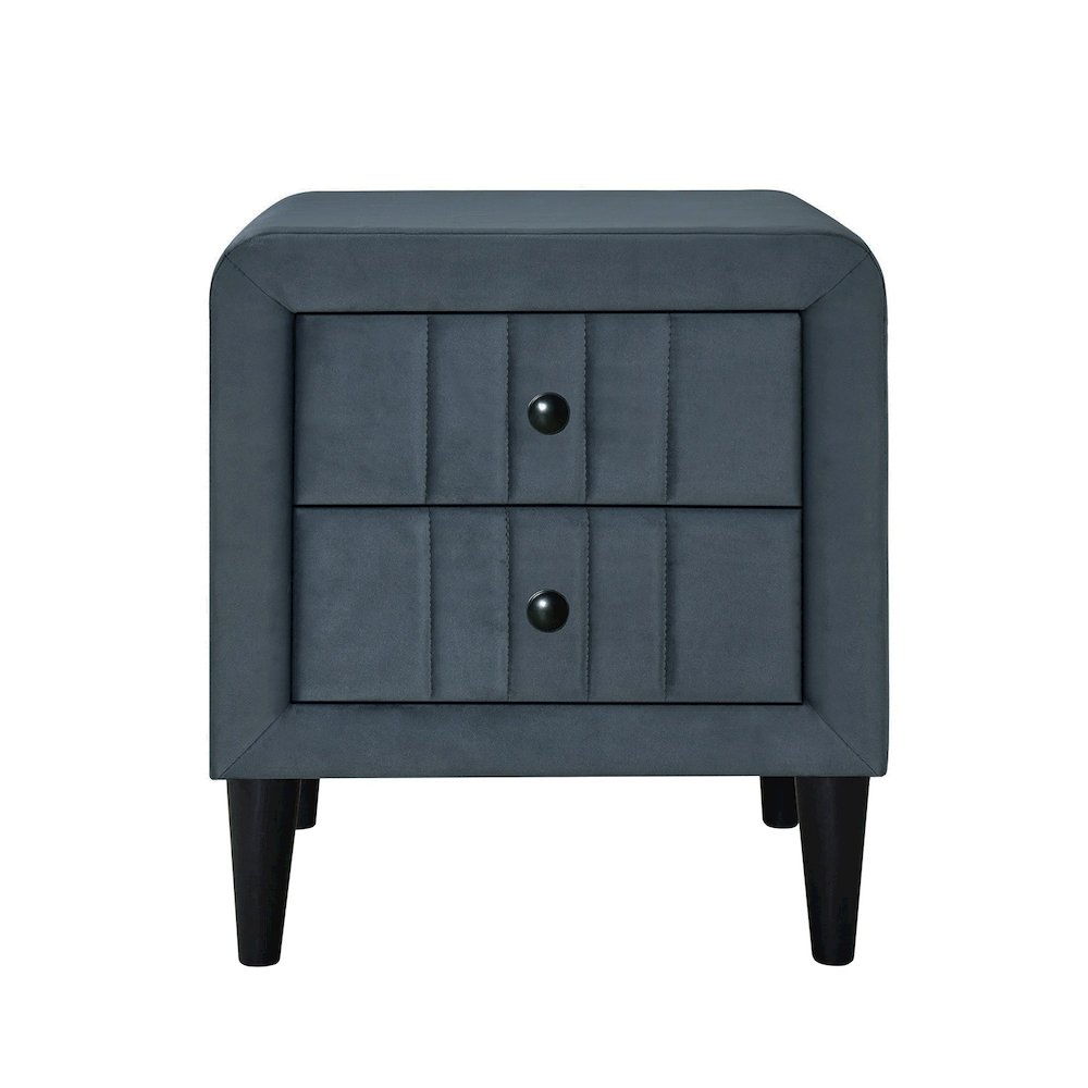 2 Drawers Brushed Linen Fabric Nightstand with Tapered Shape Legs in Charcoal. Picture 1