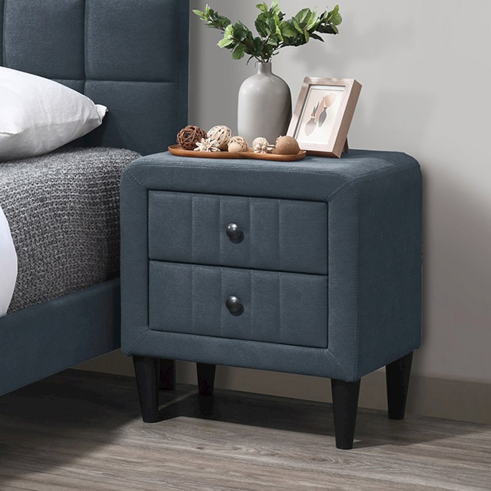 2 Drawers Brushed Linen Fabric Nightstand with Tapered Shape Legs in Charcoal. Picture 2