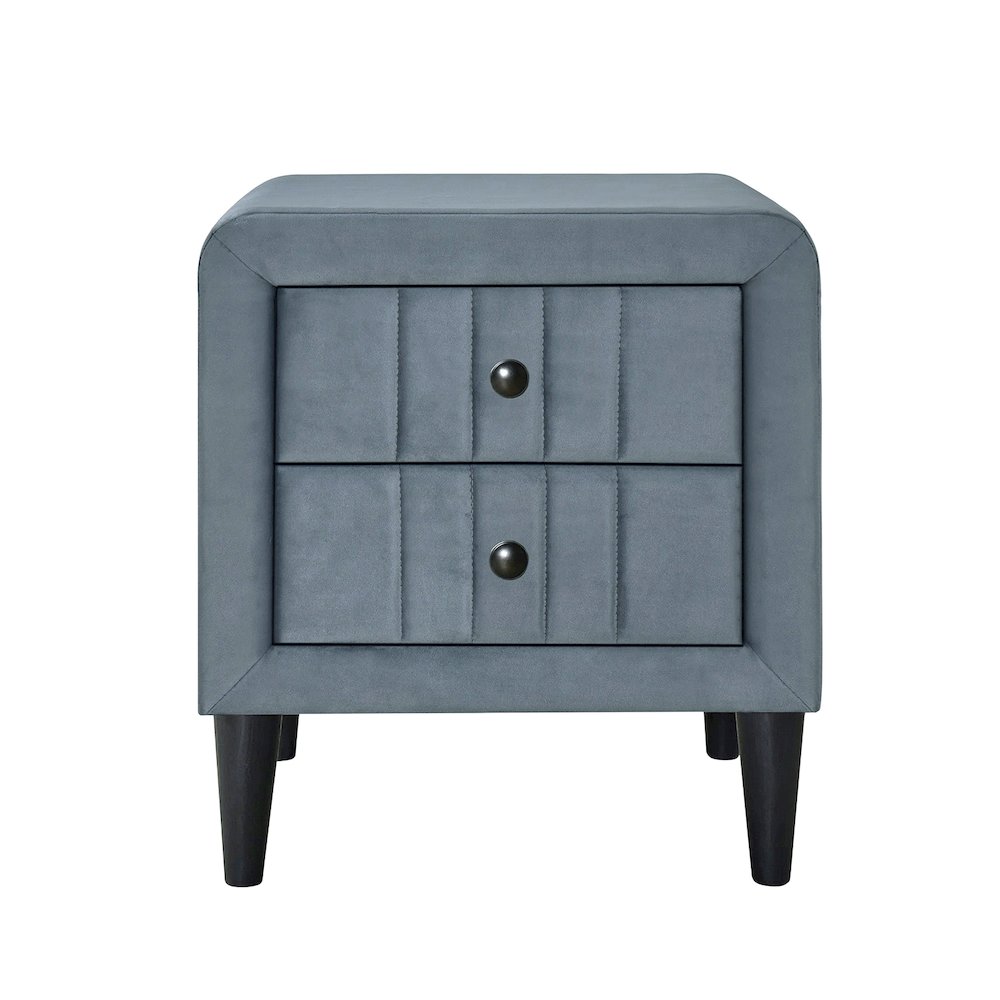 2 Drawers Brushed Linen Fabric Nightstand with Tapered Shape Legs in Gray. Picture 1