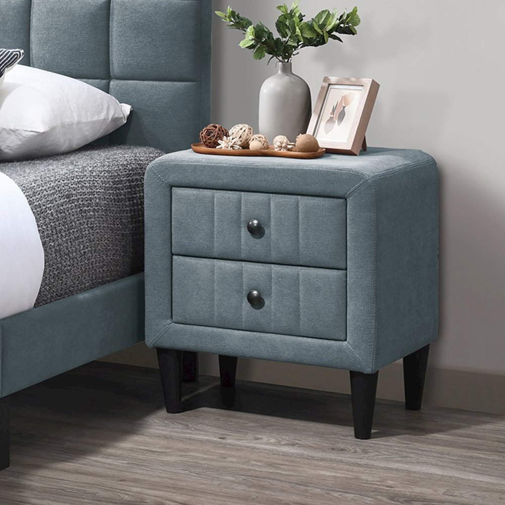 2 Drawers Brushed Linen Fabric Nightstand with Tapered Shape Legs in Gray. Picture 2