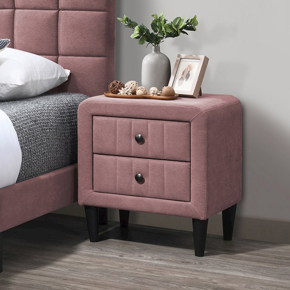 2 Drawers Brushed Linen Fabric Nightstand with Tapered Shape Legs in Pink. Picture 2