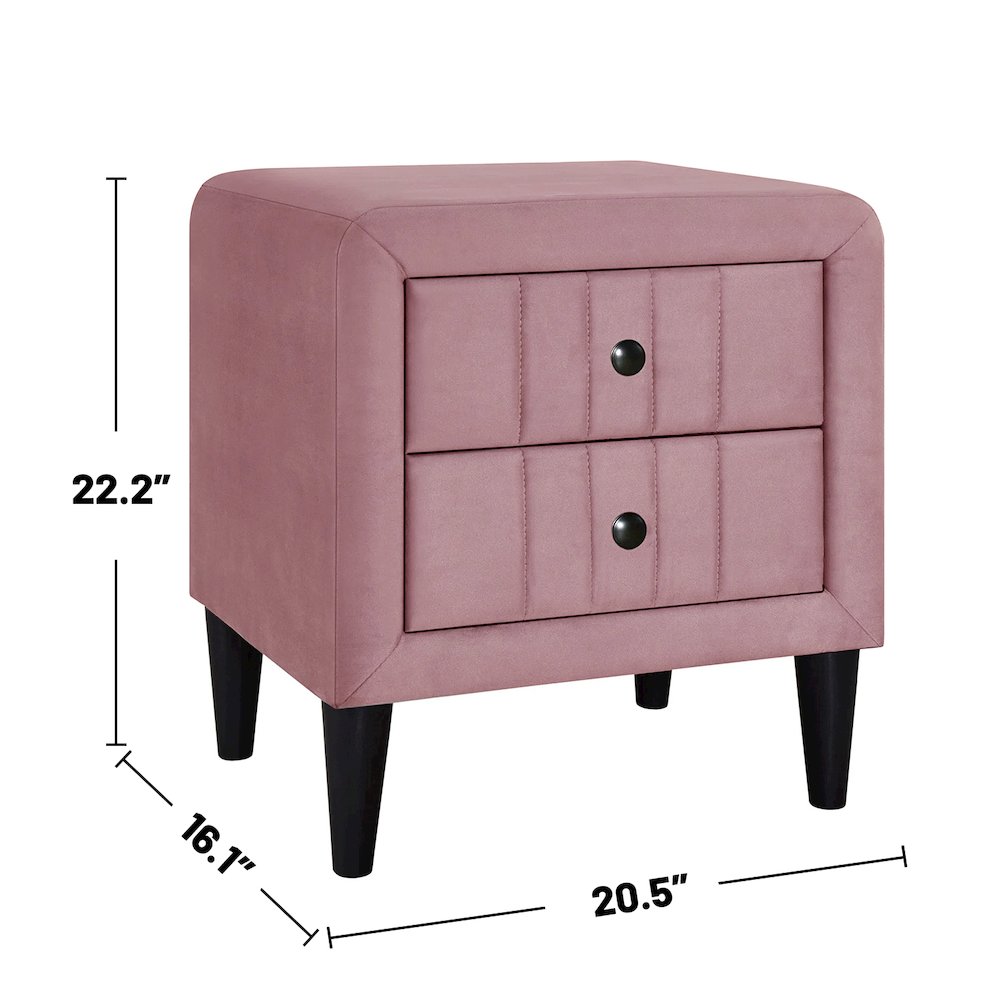 2 Drawers Brushed Linen Fabric Nightstand with Tapered Shape Legs in Pink. Picture 3
